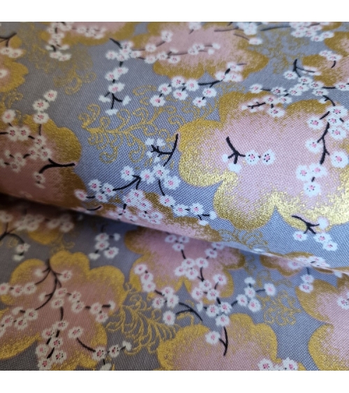 Japanese fabric ‘Sakura branches’ in grey, pink  and gold