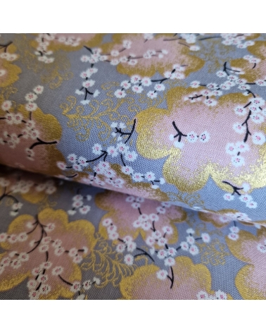 Japanese fabric ‘Sakura branches’ in grey, pink  and gold