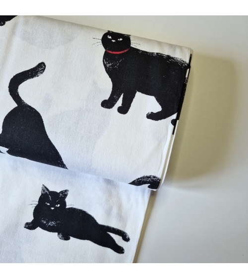 Japanese Canvas with big black cats on white background.
