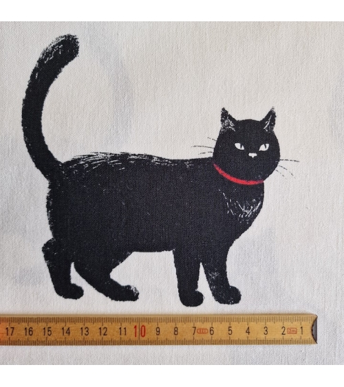Tela de loneta japonesa. Gatos negros sobre fondo blanco.