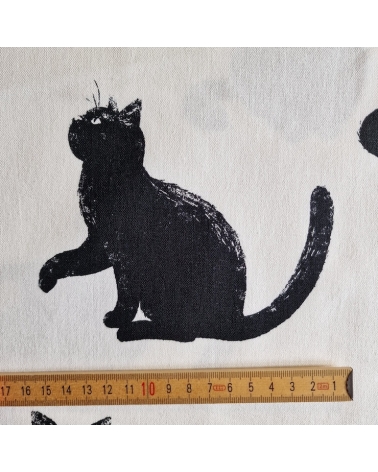 Tela de loneta japonesa. Gatos negros sobre fondo blanco.