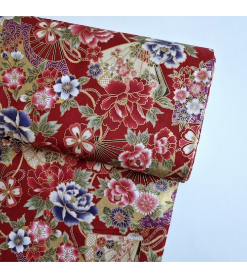 Japanese cotton fabric 'Fans and peonies' in red.