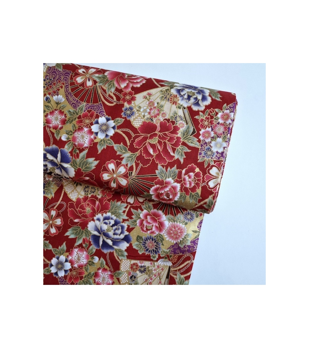 Japanese cotton fabric 'Fans and peonies' in red.