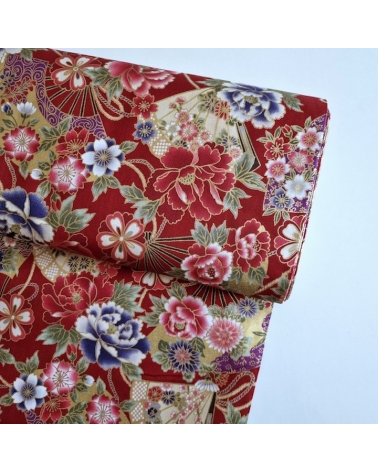 Japanese cotton fabric 'Fans and peonies' in red.