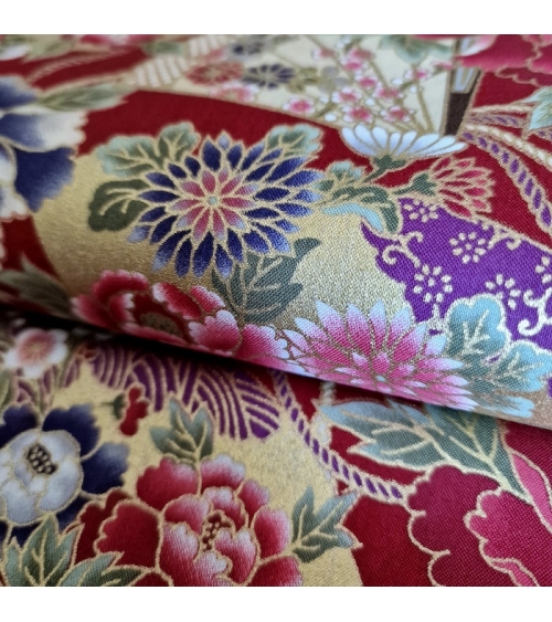 Japanese cotton fabric 'Fans and peonies' in red.