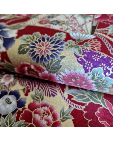 Japanese cotton fabric 'Fans and peonies' in red.