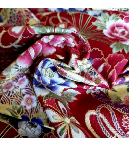 Japanese cotton fabric 'Fans and peonies' in red.