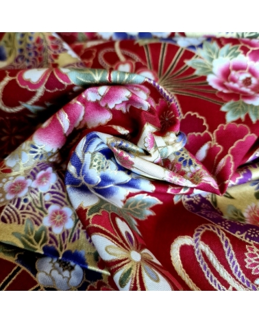 Japanese cotton fabric 'Fans and peonies' in red.