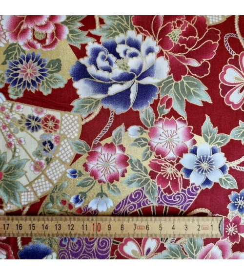 Japanese cotton fabric 'Fans and peonies' in red.