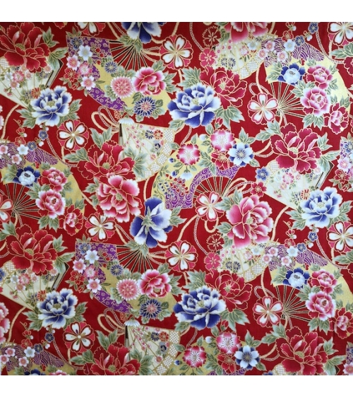 Japanese cotton fabric 'Fans and peonies' in red.