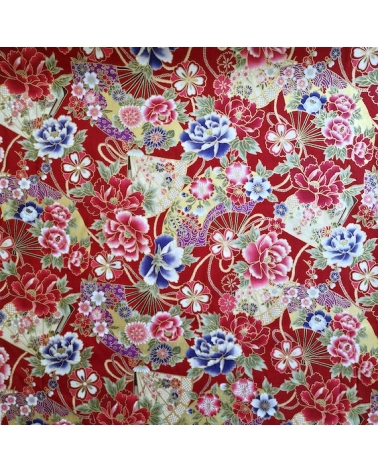Japanese cotton fabric 'Fans and peonies' in red.
