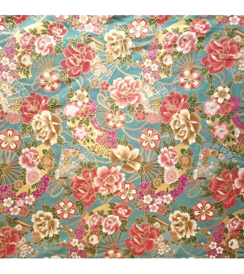 Japanese cotton fabric 'Fans and peonies' in jade green.