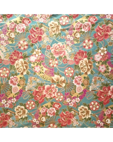 Japanese cotton fabric 'Fans and peonies' in jade green.