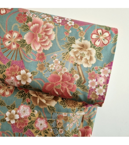 Japanese cotton fabric 'Fans and peonies' in jade green.