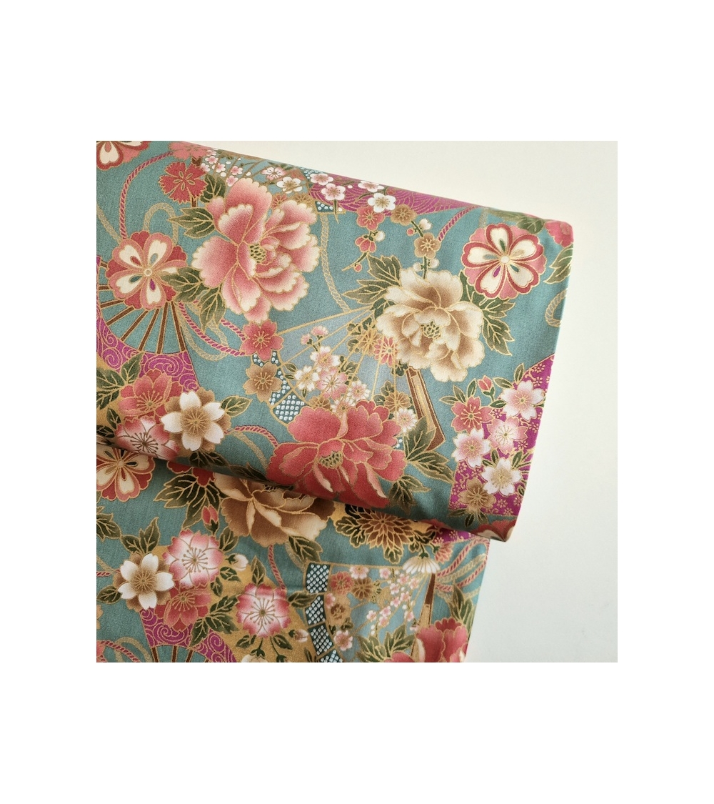 Japanese cotton fabric 'Fans and peonies' in jade green.