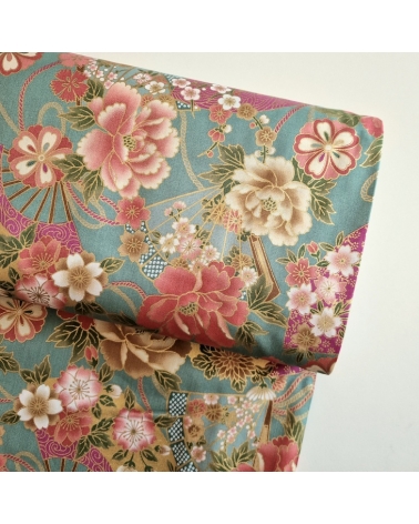 Japanese cotton fabric 'Fans and peonies' in jade green.