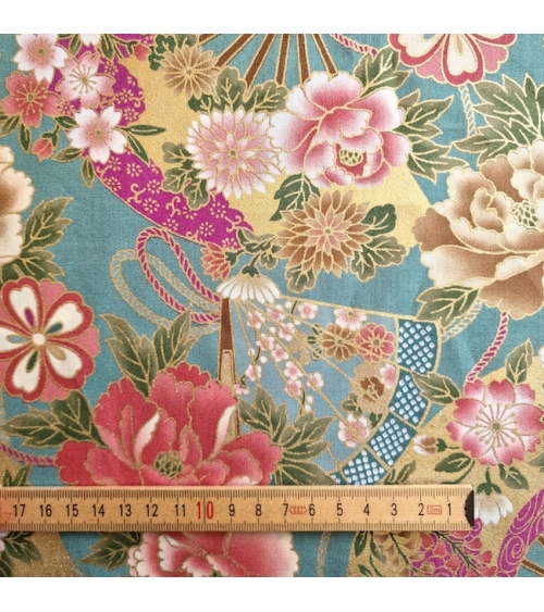 Japanese cotton fabric 'Fans and peonies' in jade green.