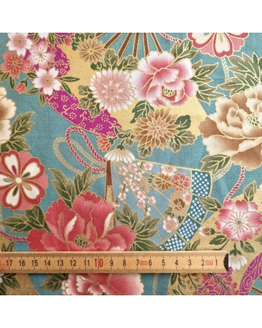 Japanese cotton fabric 'Fans and peonies' in jade green.