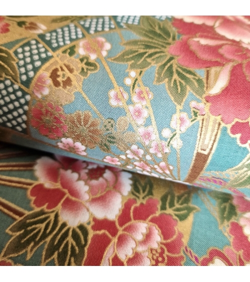 Japanese cotton fabric 'Fans and peonies' in jade green.
