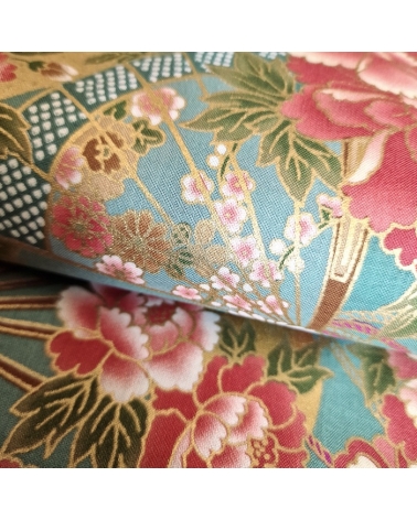 Japanese cotton fabric 'Fans and peonies' in jade green.