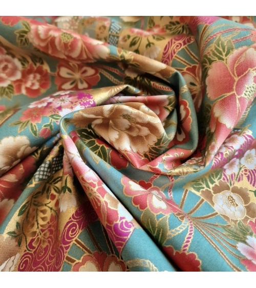 Japanese cotton fabric 'Fans and peonies' in jade green.