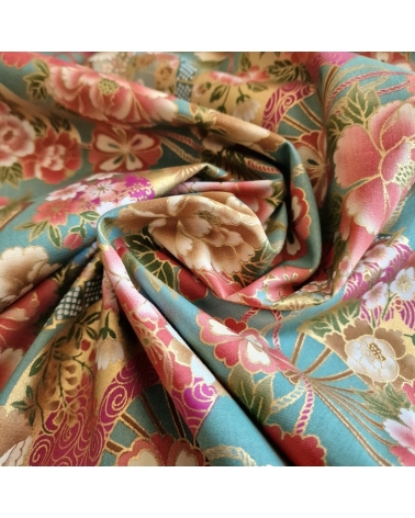 Japanese cotton fabric 'Fans and peonies' in jade green.