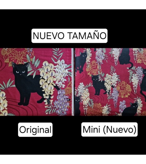 Tela japonesa. Gato negro con glicinias MINI en Rojo.