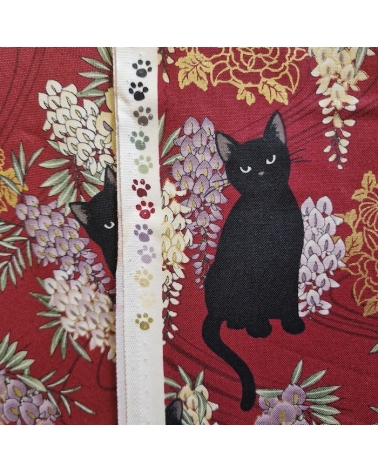 Japanese fabric. Black cats with Wisteria MINI. Red background