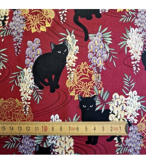Japanese fabric. Black cats with Wisteria MINI. Red background