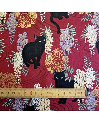 Japanese fabric. Black cats with Wisteria MINI. Red background