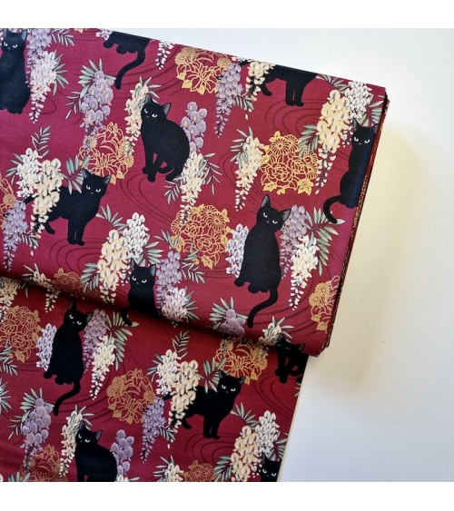 Japanese fabric. Black cats with Wisteria MINI. Red background