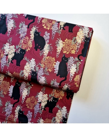 Japanese fabric. Black cats with Wisteria MINI. Red background