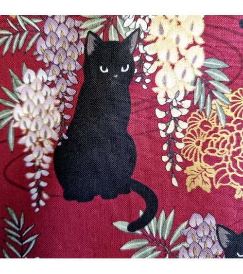 Japanese fabric. Black cats with Wisteria MINI. Red background