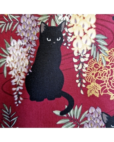 Japanese fabric. Black cats with Wisteria MINI. Red background