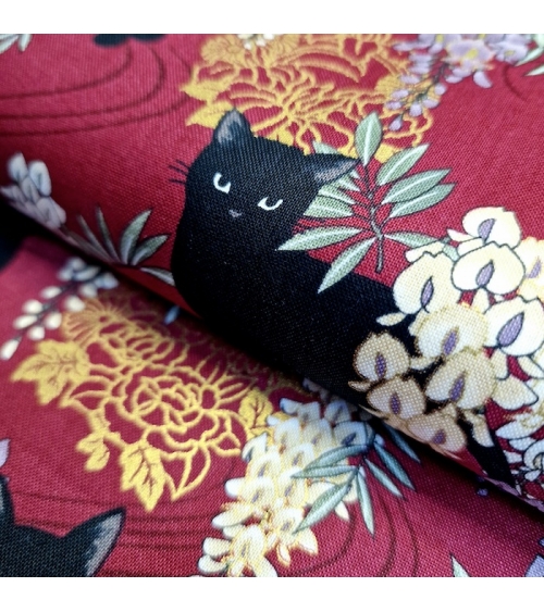 Japanese fabric. Black cats with Wisteria MINI. Red background