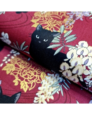 Japanese fabric. Black cats with Wisteria MINI. Red background