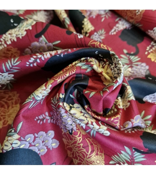 Japanese fabric. Black cats with Wisteria MINI. Red background