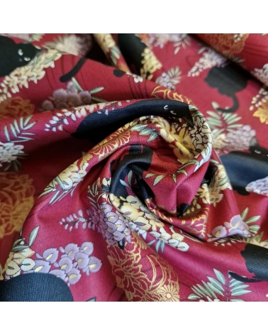 Japanese fabric. Black cats with Wisteria MINI. Red background