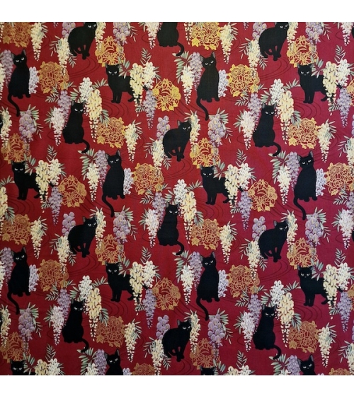 Japanese fabric. Black cats with Wisteria MINI. Red background