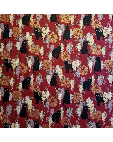 Japanese fabric. Black cats with Wisteria MINI. Red background