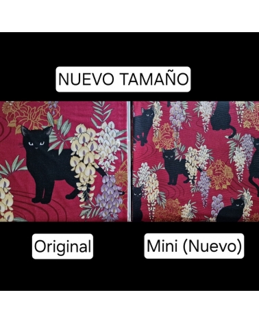 Tela japonesa. Gato negro con glicinias MINI. Comparativa de tamaño.