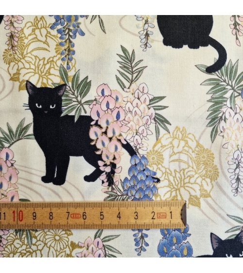 Japanese fabric. Black cats with Wisteria MINI. Ivory background