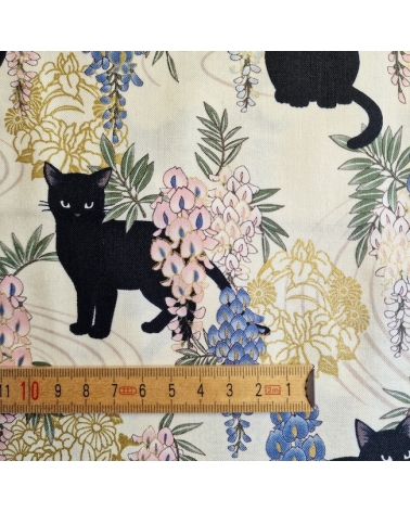 Japanese fabric. Black cats with Wisteria MINI. Ivory background