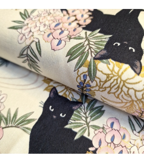 Japanese fabric. Black cats with Wisteria MINI. Ivory background