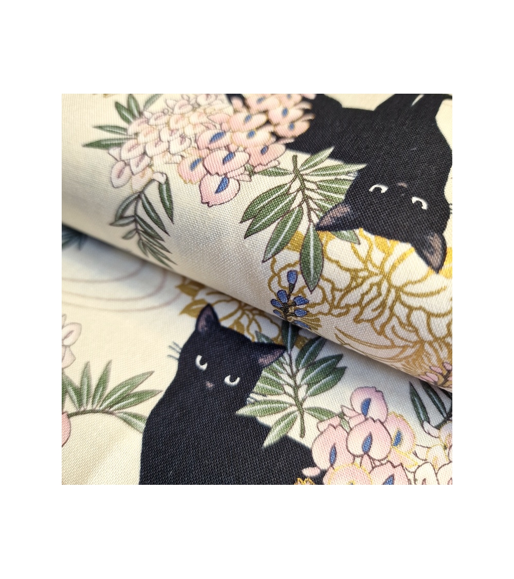 Japanese fabric. Black cats with Wisteria MINI. Ivory background
