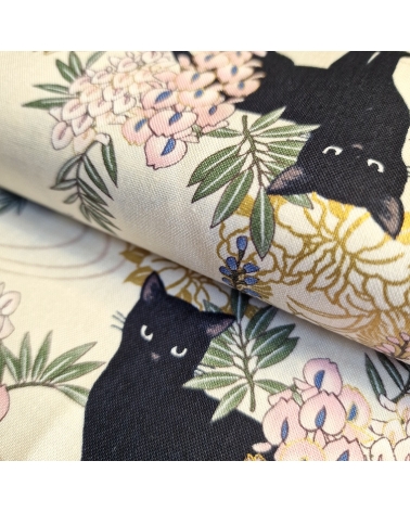 Japanese fabric. Black cats with Wisteria MINI. Ivory background