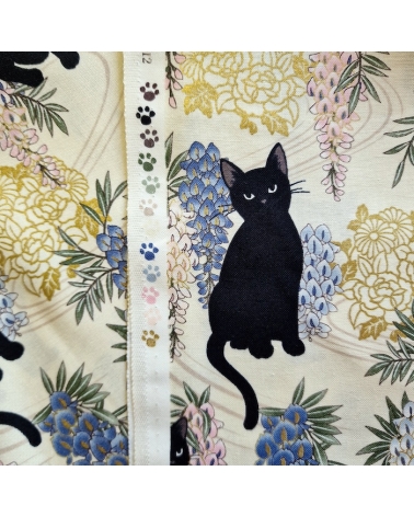 Japanese fabric. Black cats with Wisteria MINI. Ivory background