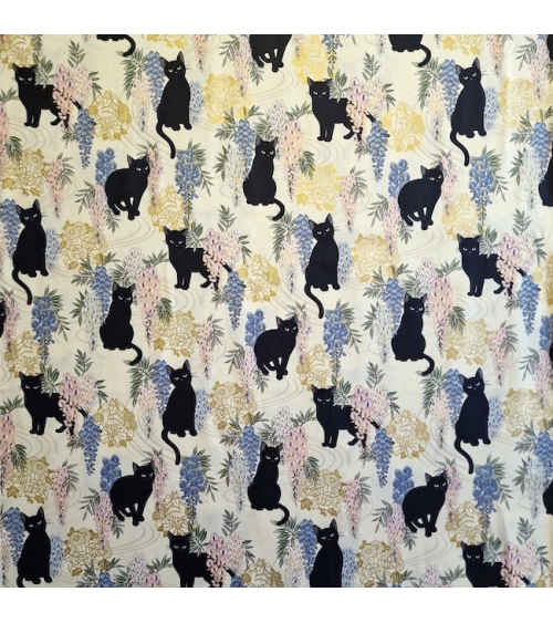 Japanese fabric. Black cats with Wisteria MINI. Ivory background