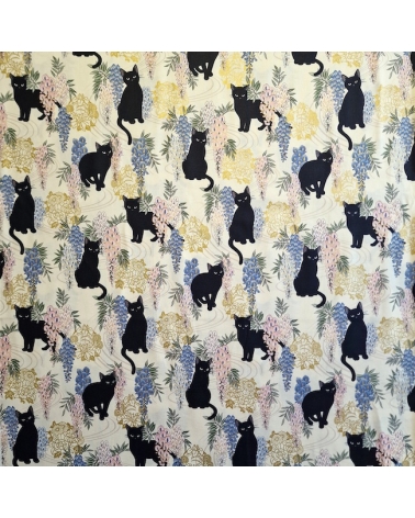 Japanese fabric. Black cats with Wisteria MINI. Ivory background