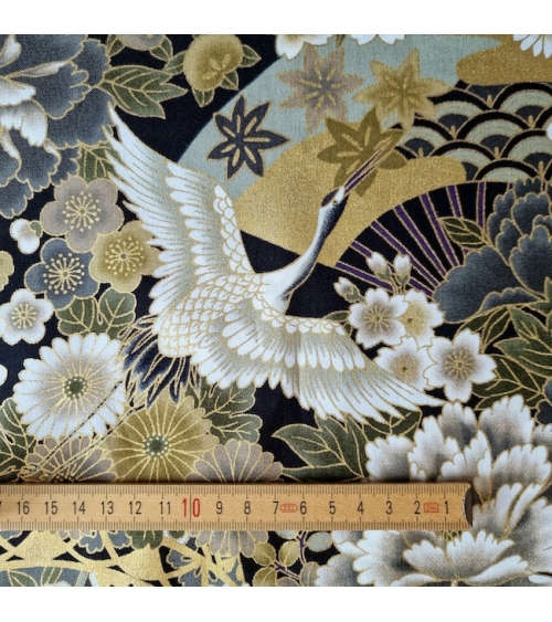Japanese fabric Tsuru to Hana in grey, black and gold.